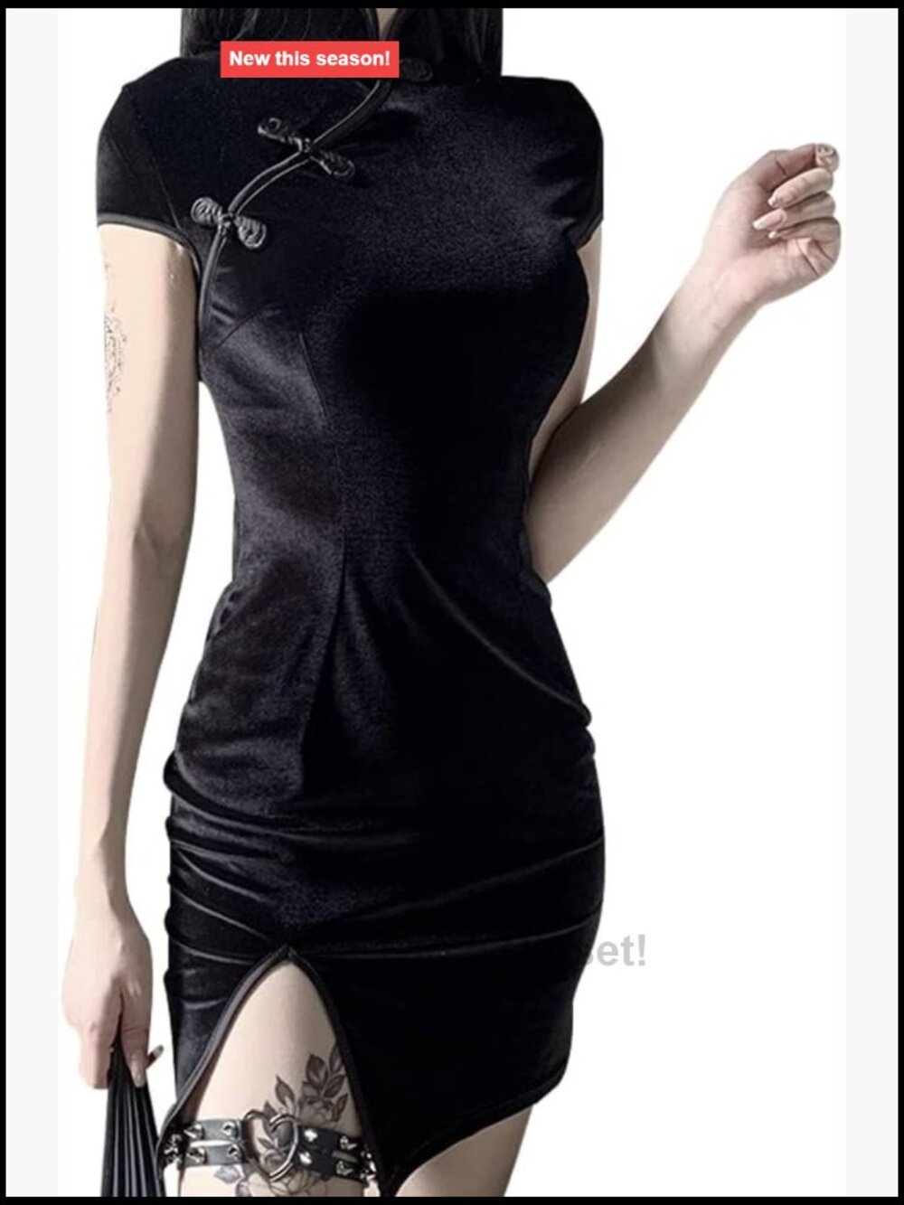 Velvet Bodycon Mini Cheongsam Dress with Side Slit, Short Sleeve